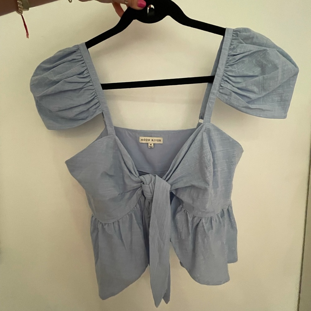 Blue Linen Look Puff Cap Sleeve Top